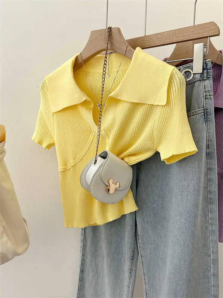 Yellow Knitted Neck Base Shirt Women's High Waist Summer Small Size Top Commute Style Korean Version Short Sleeve
Yellow Knitted Neck Base Shirt Women's High Waist Summer Small Size Top Commute Style Korean Version Short Sleeve