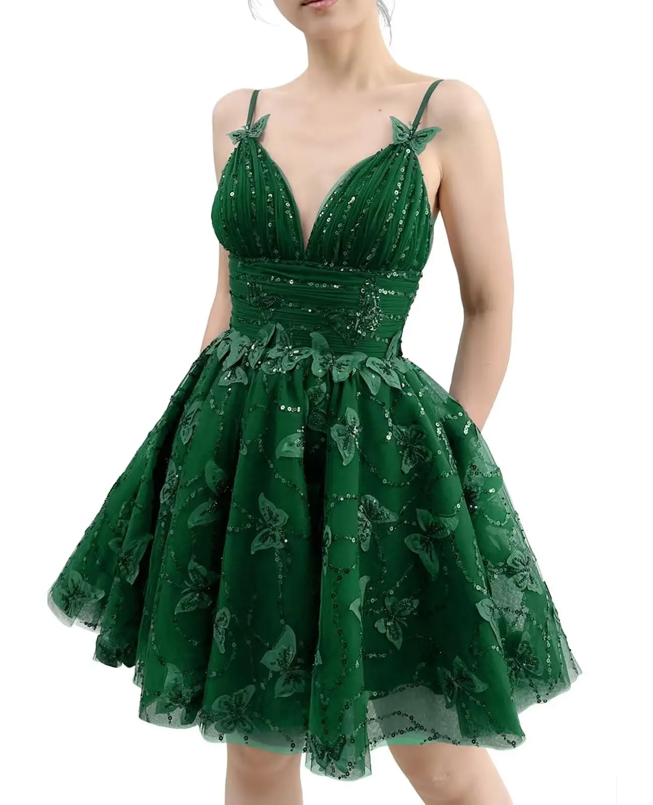 Women's 3D Butterfly Homecoming Dress Spaghetti Straps Short Prom Dresses with Pockets V Neck Quinceanera Dress
Women's 3D Butterfly Homecoming Dress Spaghetti Straps Short Prom Dresses with Pockets V Neck Quinceanera Dress