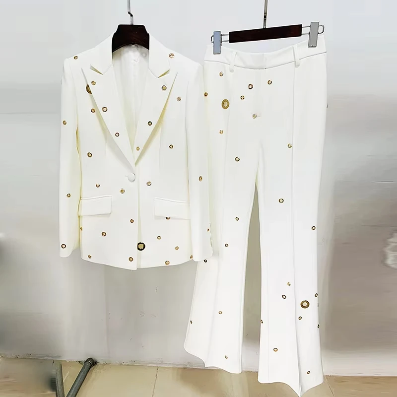 Women's outwear formal metal decoration two piece one button lapel long sleeve blazer jacket high waist long trouser pants
Women's outwear formal metal decoration two piece one button lapel long sleeve blazer jacket high waist long trouser pants