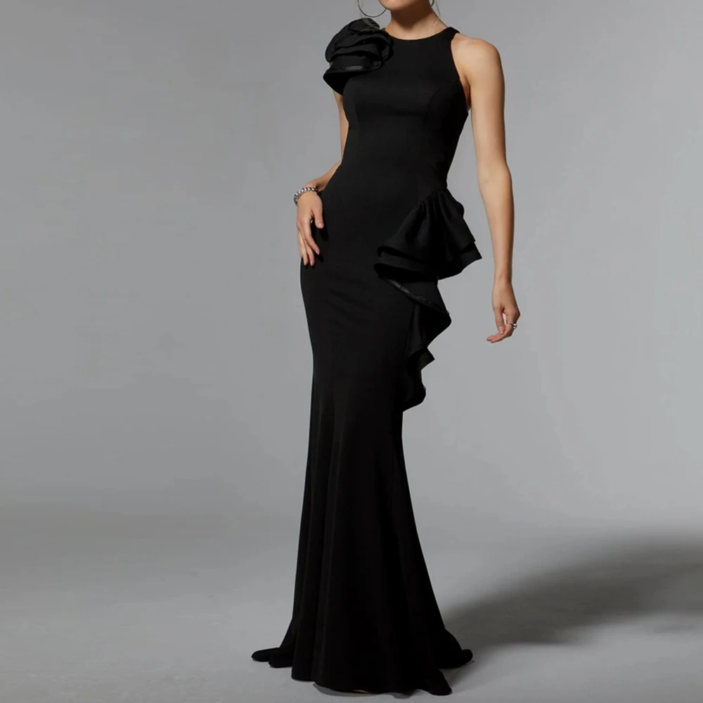 Solid Color Elegant Black Crew neck Jersey Mermaid Floor Length Sleeveless Tiered Flowers Sweep Train Evening Dress Zipper Back
Solid Color Elegant Black Crew neck Jersey Mermaid Floor Length Sleeveless Tiered Flowers Sweep Train Evening Dress Zipper Back
