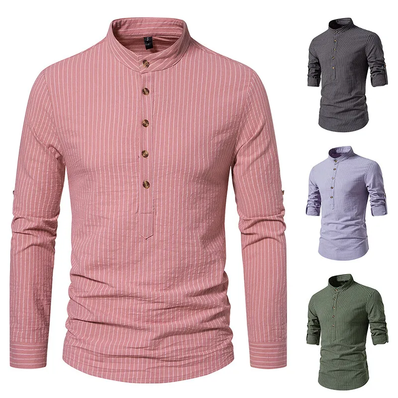 Stand Collar Pullovers Shirts For Men Long Sleeve Striped Casual Spring Quality Cotton Linen Breathable Trends Camisas De Hombre
Stand Collar Pullovers Shirts For Men Long Sleeve Striped Casual Spring Quality Cotton Linen Breathable Trends Camisas De Hombre