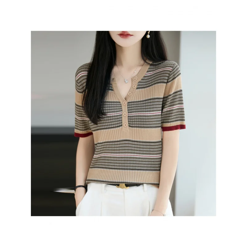 Women's Crew Neck Short Sleeve Top Classic Brown Coffee Stripe Chic Quiet Luxury Old Money Style Office Elegant Sophisticated Lo
Women's Crew Neck Short Sleeve Top Classic Brown Coffee Stripe Chic Quiet Luxury Old Money Style Office Elegant Sophisticated Lo