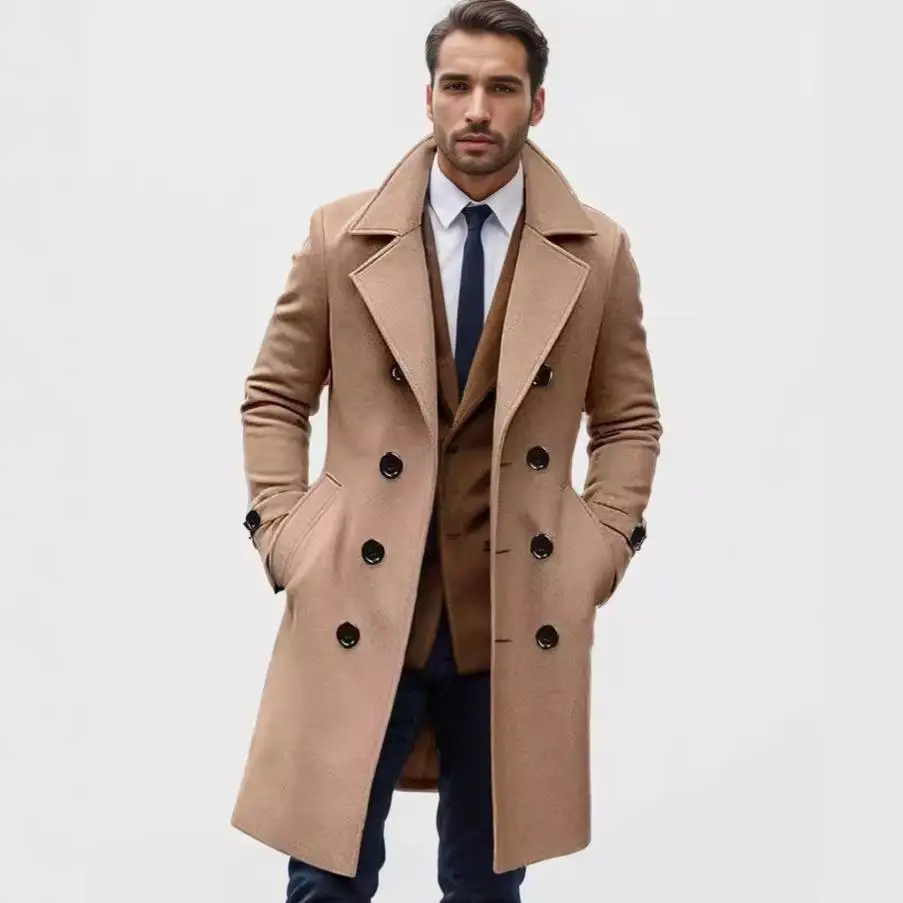 Men's Long Woolen Coat Double Row Buttons Autumn Winter Outerwear Slim Fit Multpocket Pure Color Fashionable Men's Coat
Men's Long Woolen Coat Double Row Buttons Autumn Winter Outerwear Slim Fit Multpocket Pure Color Fashionable Men's Coat