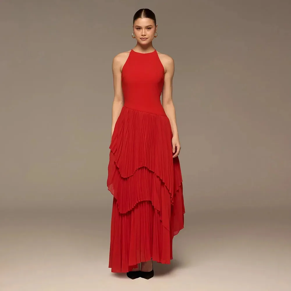 Red Crepe Chiffon فساتين سهره Maxi Dress With Tiered Pleated Crew Neck Sleeveless Summer Evening Dresses For Women
Red Crepe Chiffon فساتين سهره Maxi Dress With Tiered Pleated Crew Neck Sleeveless Summer Evening Dresses For Women