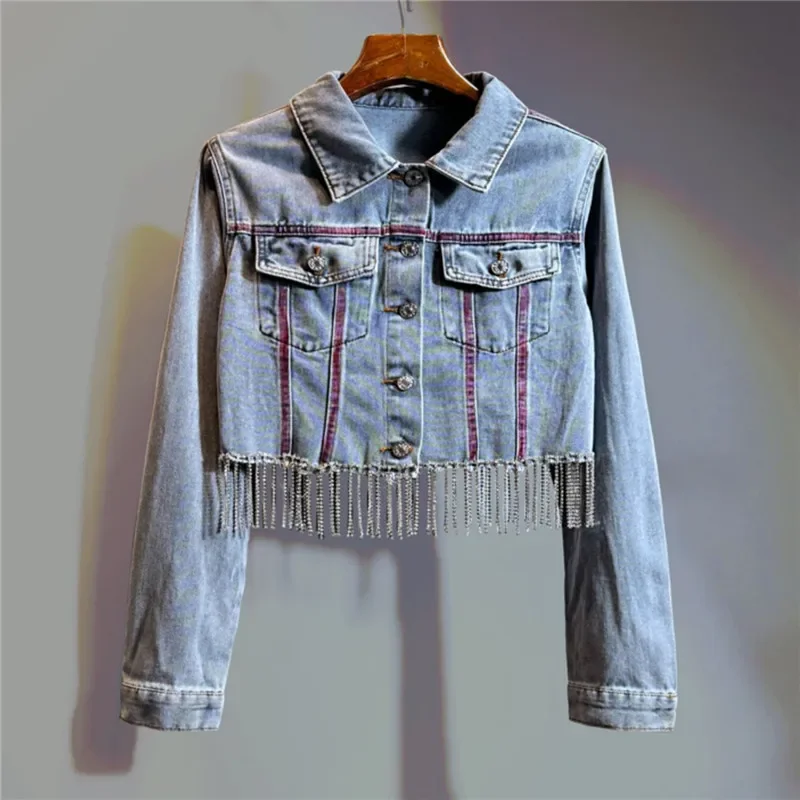 Autumn Hand-Painted Graffiti Printing Light Blue Slim Short Denim Jacket Women Fashion Diamond Chain Tassel Jeans Jackets Coat
Autumn Hand-Painted Graffiti Printing Light Blue Slim Short Denim Jacket Women Fashion Diamond Chain Tassel Jeans Jackets Coat