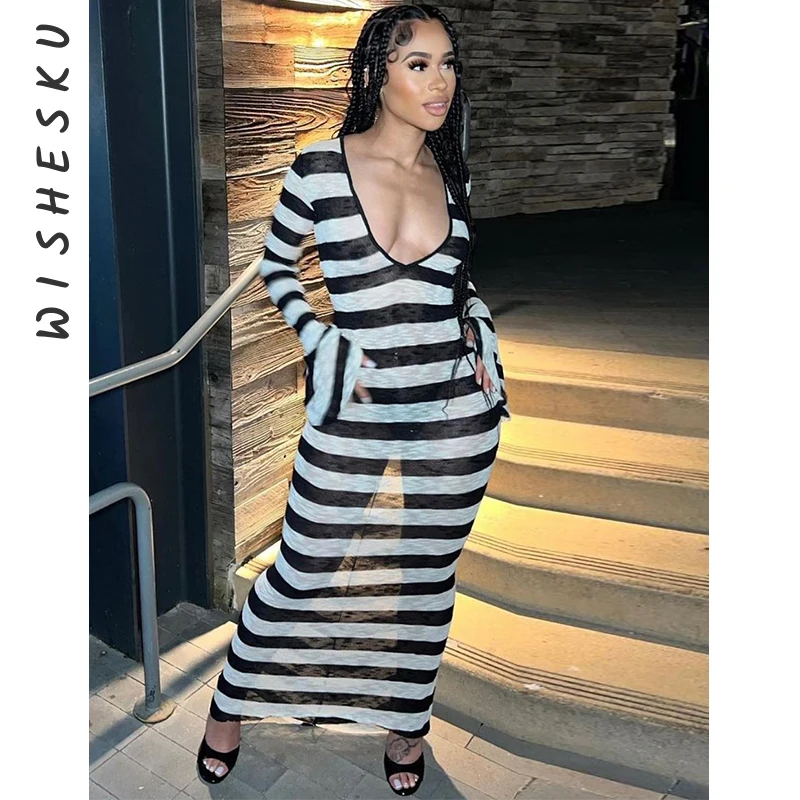 Sexy Low Cut Mesh Stripe Print See Through Maxi Dress Women Long Sleeve Slim Fit Party Vestido 2023 Summer Night Club Clothes
Sexy Low Cut Mesh Stripe Print See Through Maxi Dress Women Long Sleeve Slim Fit Party Vestido 2023 Summer Night Club Clothes