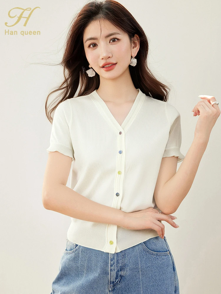 H Han Queen Korean Fashion Loose Knitted Sweater Cardigan Women Elegant Casual Short Short Blouse Basic Office Vintage Tops 2025
H Han Queen Korean Fashion Loose Knitted Sweater Cardigan Women Elegant Casual Short Short Blouse Basic Office Vintage Tops 2025