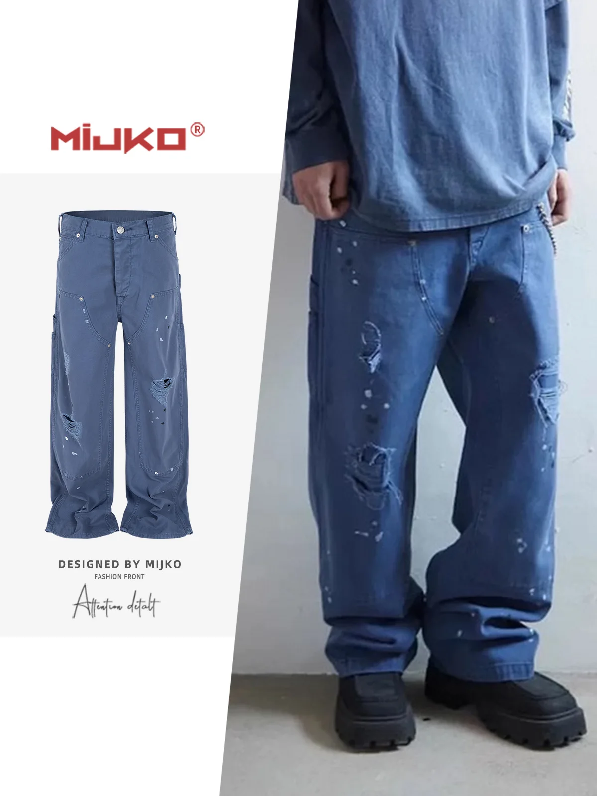 MIJKO Unisex Blue Grey Ink Splashing Casual Pants Destroyed Work Trousers Comfortable Loose Fit Jeans TJ148
MIJKO Unisex Blue Grey Ink Splashing Casual Pants Destroyed Work Trousers Comfortable Loose Fit Jeans TJ148