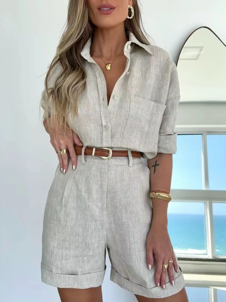 New Summer Women's 2 Piece Sets Womens Outfits Fashion Casual Suits Long Sleeve Tops Shirt Belt Shorts Sets Clothing for Women
New Summer Women's 2 Piece Sets Womens Outfits Fashion Casual Suits Long Sleeve Tops Shirt Belt Shorts Sets Clothing for Women