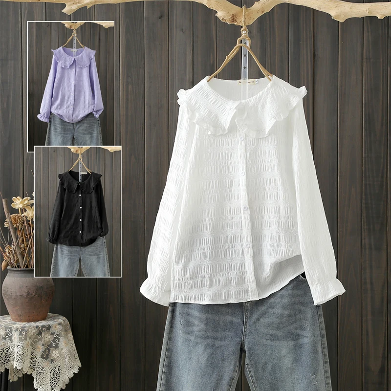 Sweet Style Bubble Sleeve Chiffon Shirt Korean Version Doll Collar Long Sleeve Loose Fit Women's Top Purple Color Autumn Shirt
Sweet Style Bubble Sleeve Chiffon Shirt Korean Version Doll Collar Long Sleeve Loose Fit Women's Top Purple Color Autumn Shirt
