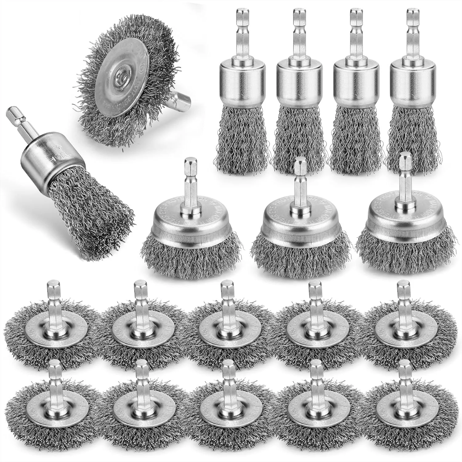 19Pcs Wire Wheel Brush Set for Drill, Carbon Steel Cup Brush for Rust Removal, Cleaning Brush Attachments with 1/4 Hex Shank
19Pcs Wire Wheel Brush Set for Drill, Carbon Steel Cup Brush for Rust Removal, Cleaning Brush Attachments with 1/4 Hex Shank