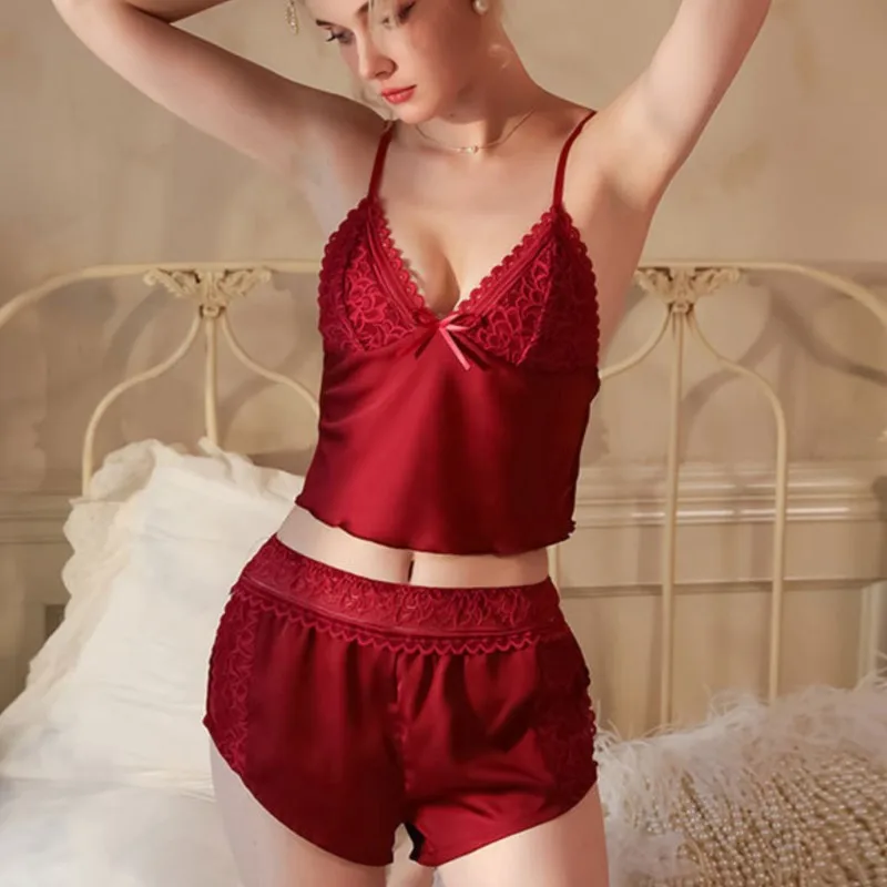 Sexy Backless Deep V Lace Luxury Summer Sleepwear Set Soft Satin Pajamas Set for Women Comfortable Short Sleeve Cami Shorts 2025
Sexy Backless Deep V Lace Luxury Summer Sleepwear Set Soft Satin Pajamas Set for Women Comfortable Short Sleeve Cami Shorts 2025