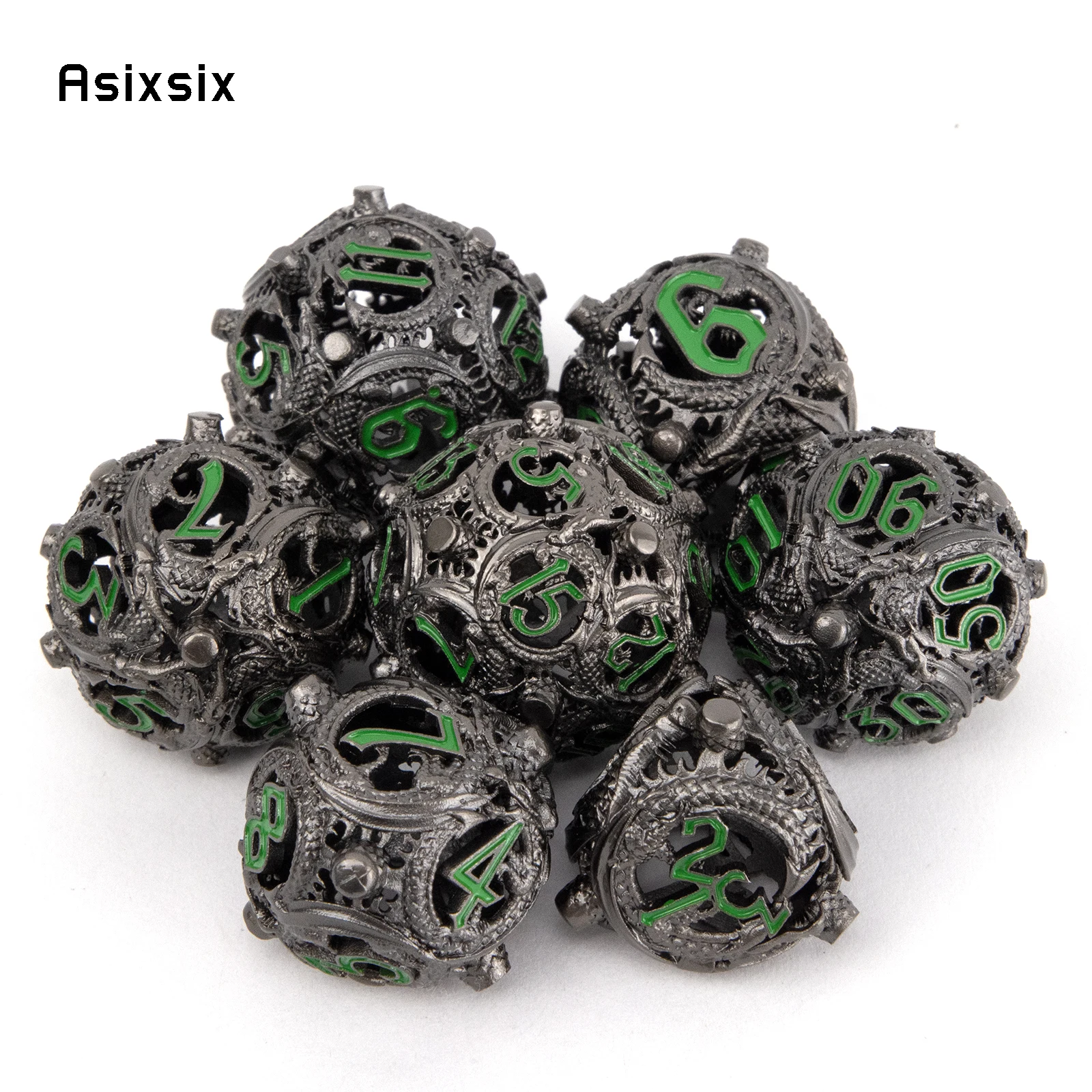 7 Pcs Silver Green Circular Dragon Metal Dice Hollow Metal Polyhedral Dice Suitable for Role-Playing RPG Board Game Card Game
7 Pcs Silver Green Circular Dragon Metal Dice Hollow Metal Polyhedral Dice Suitable for Role-Playing RPG Board Game Card Game