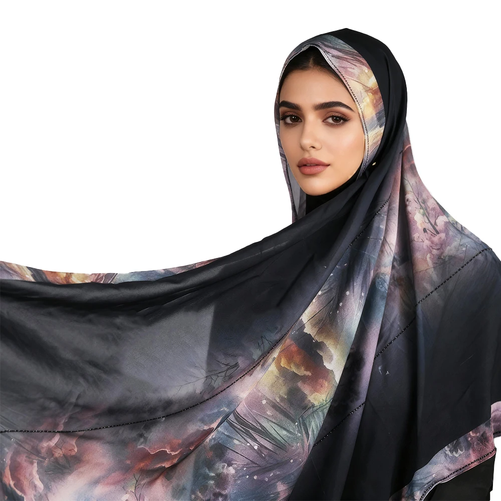 Роскошный арабский шифоновый шарф со стразами - темная основа с ярким принтом, мягкий и дышащий мусульманский платок / вуаль2531
Роскошный арабский шифоновый шарф со стразами - темная основа с ярким принтом, мягкий и дышащий мусульманский платок / вуаль2531