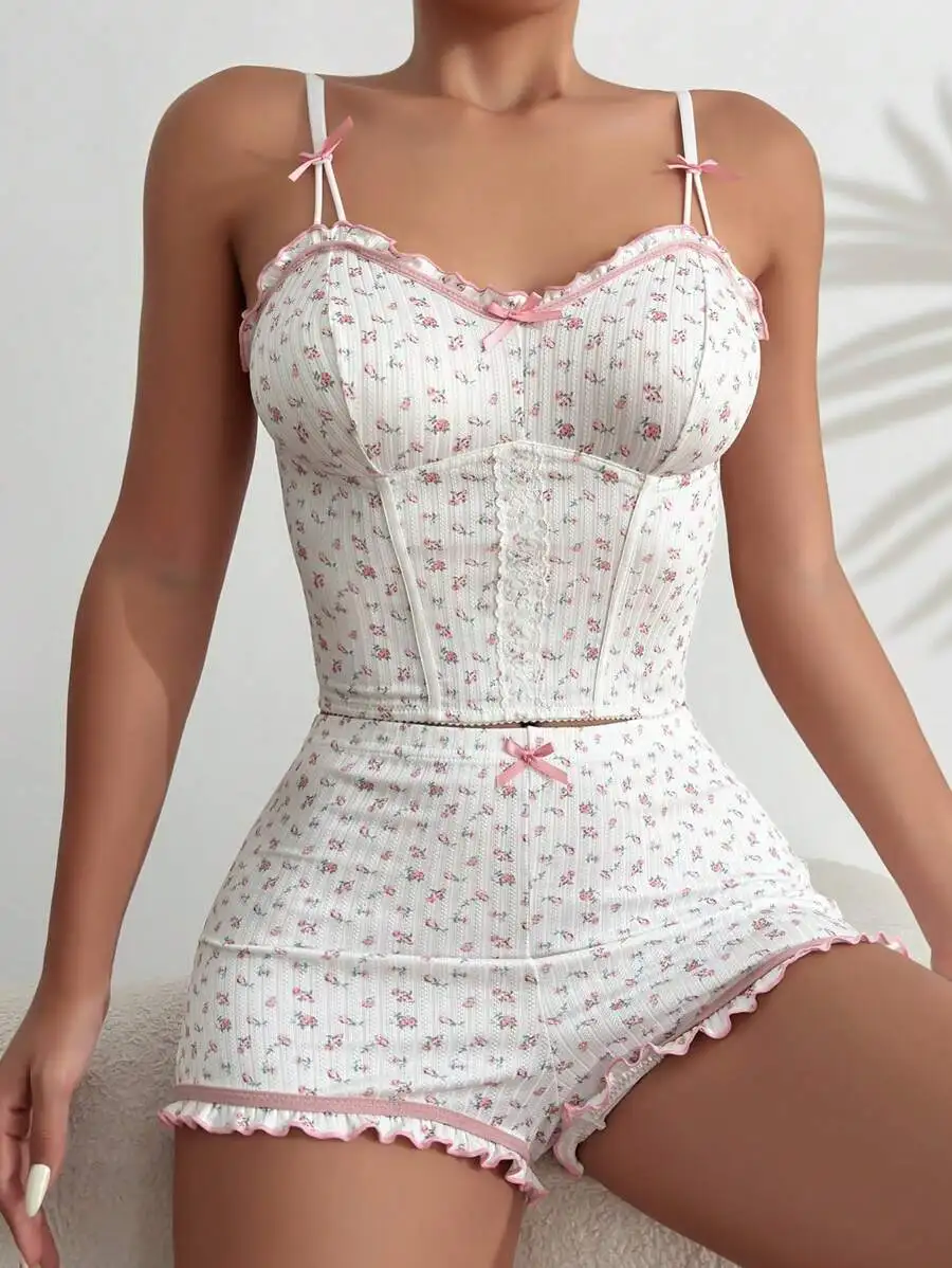 Ditsy Floral Print Bow Front Cami Top And Shorts Pajama Set White
Ditsy Floral Print Bow Front Cami Top And Shorts Pajama Set White