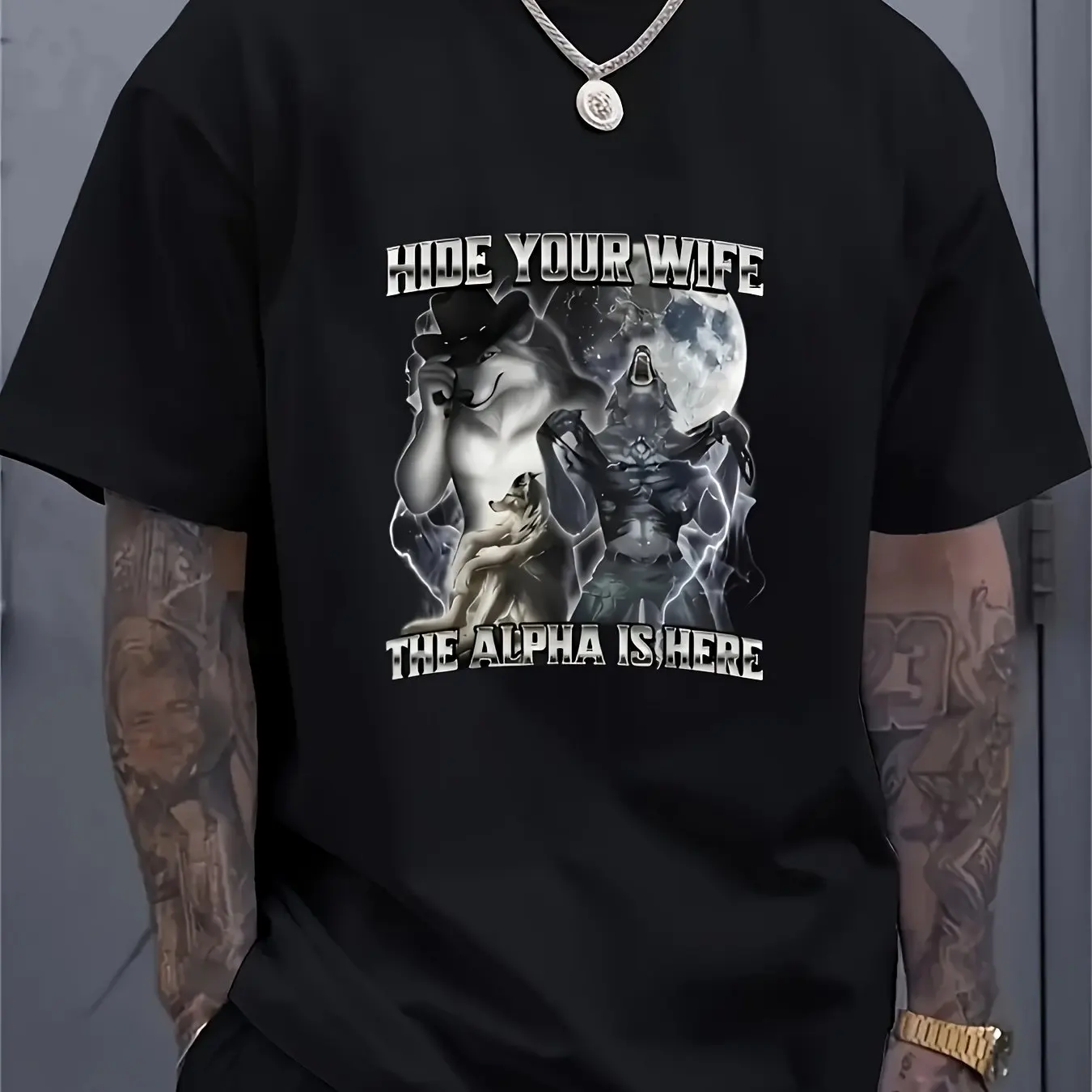 Men'S Couple Summer Print T-Shirt Wolf and Bear Design with "Hide Your Wife Alpha Vibes Here" Text Round Neck Comfortable Tee
Men'S Couple Summer Print T-Shirt Wolf and Bear Design with "Hide Your Wife Alpha Vibes Here" Text Round Neck Comfortable Tee