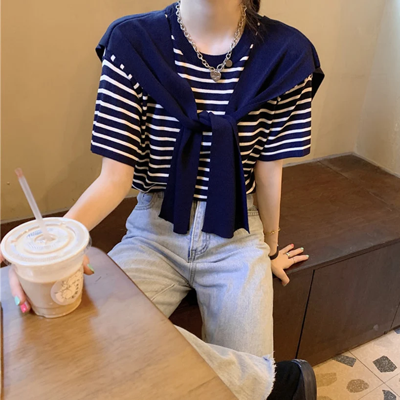 Slimming Stripe Knit Top Women's Summer Vintage Sle Naval Collar Loose Faionable T-irt Upper Body Sun Protection Clothing
Slimming Stripe Knit Top Women's Summer Vintage Sle Naval Collar Loose Faionable T-irt Upper Body Sun Protection Clothing