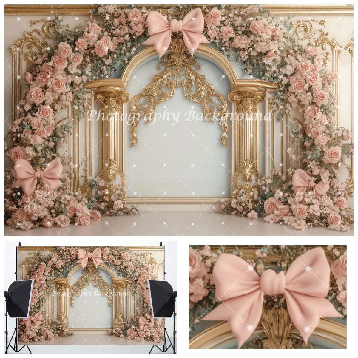 European style Palace Wedding Scene Backdrop Pink Flowers Bow Europe Wall Golden Arches Girls Birthday Decor Photo Background
European style Palace Wedding Scene Backdrop Pink Flowers Bow Europe Wall Golden Arches Girls Birthday Decor Photo Background
