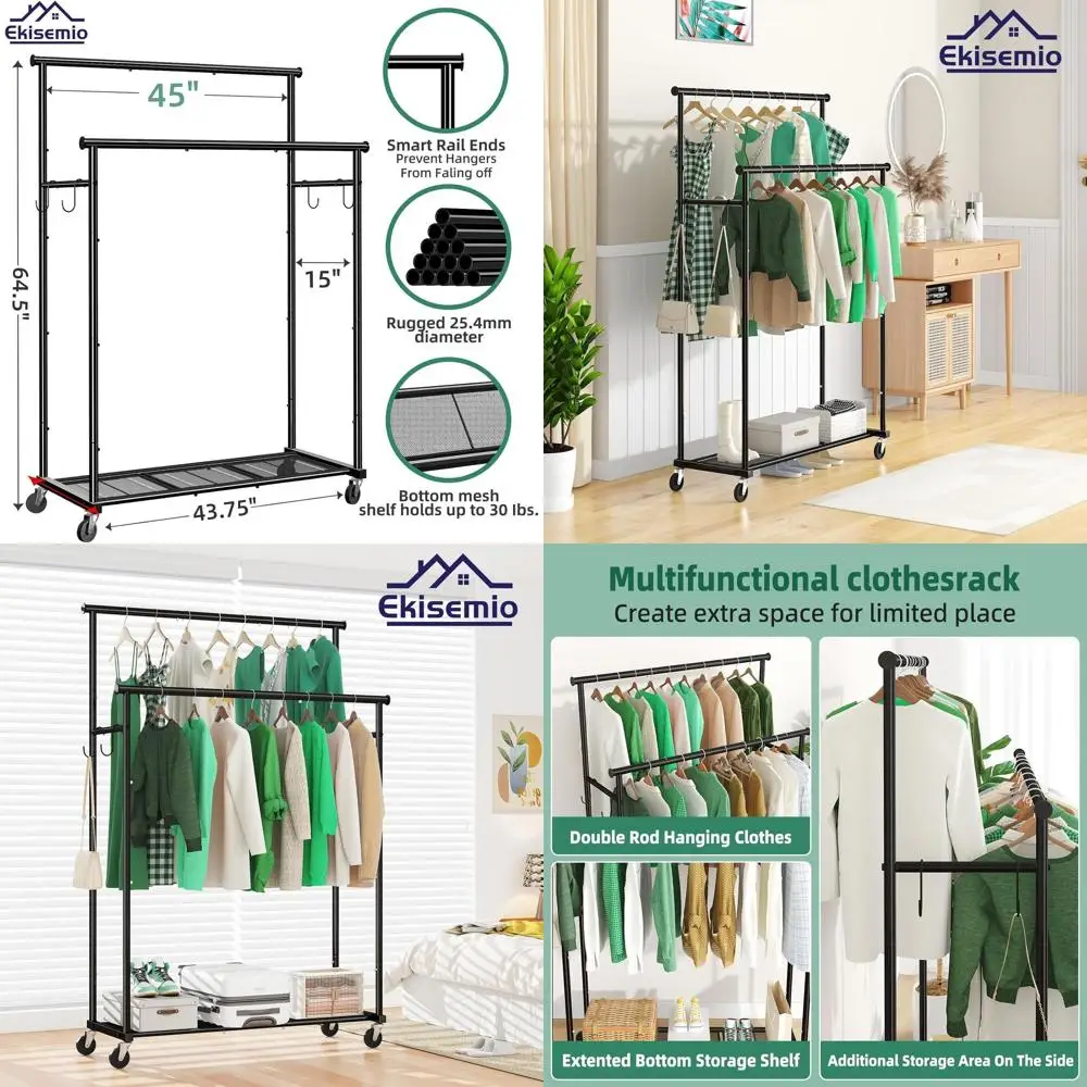 Portable Heavy-Duty 45 Inch Double Rod Rolling Clothes Rack with Shelves, 400 LB Capacity, Black Metal Closet on Wheels
Portable Heavy-Duty 45 Inch Double Rod Rolling Clothes Rack with Shelves, 400 LB Capacity, Black Metal Closet on Wheels