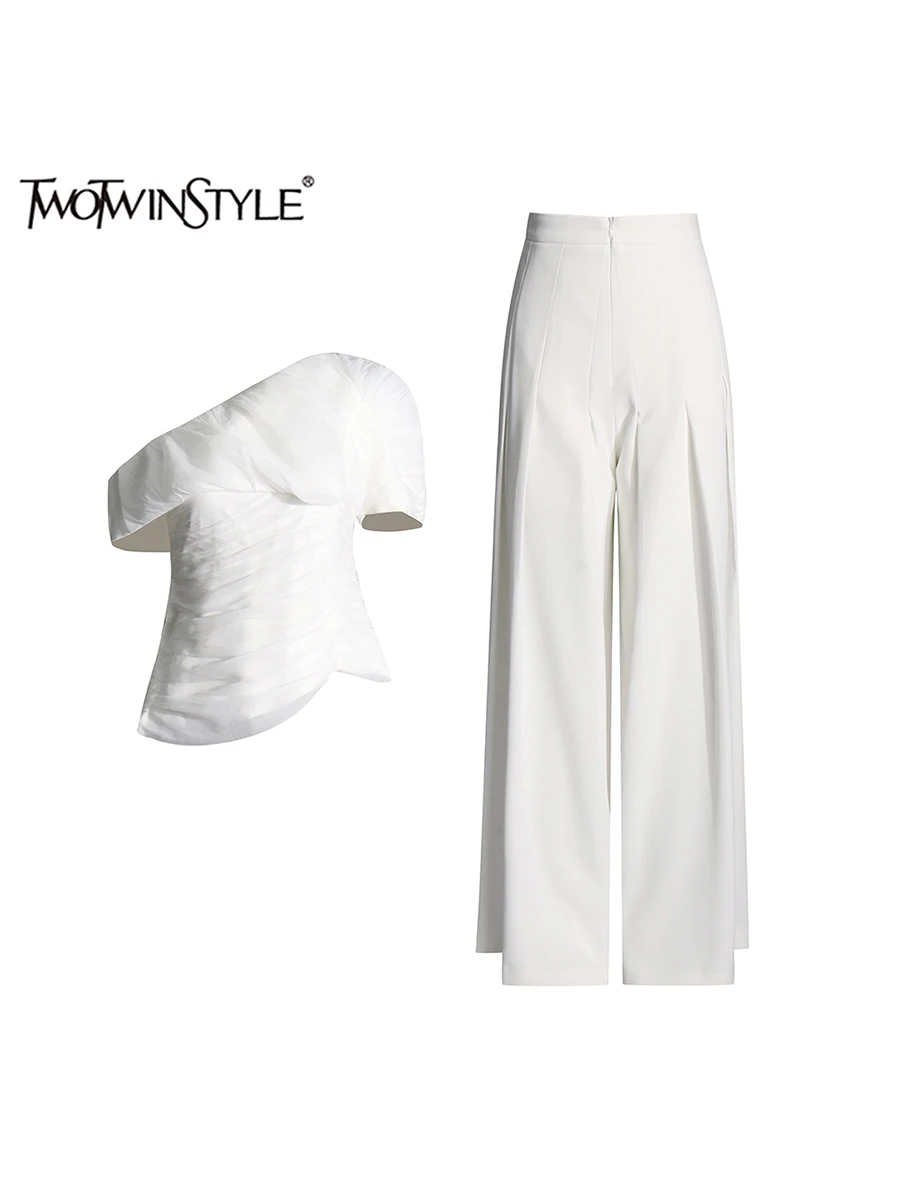 TWOTWINSTYLE Solid Two Piece Set For Women Skew Collar Short Sleeve T Shirt High Waist Temperament Pant Sets Female Fashion New
TWOTWINSTYLE Solid Two Piece Set For Women Skew Collar Short Sleeve T Shirt High Waist Temperament Pant Sets Female Fashion New