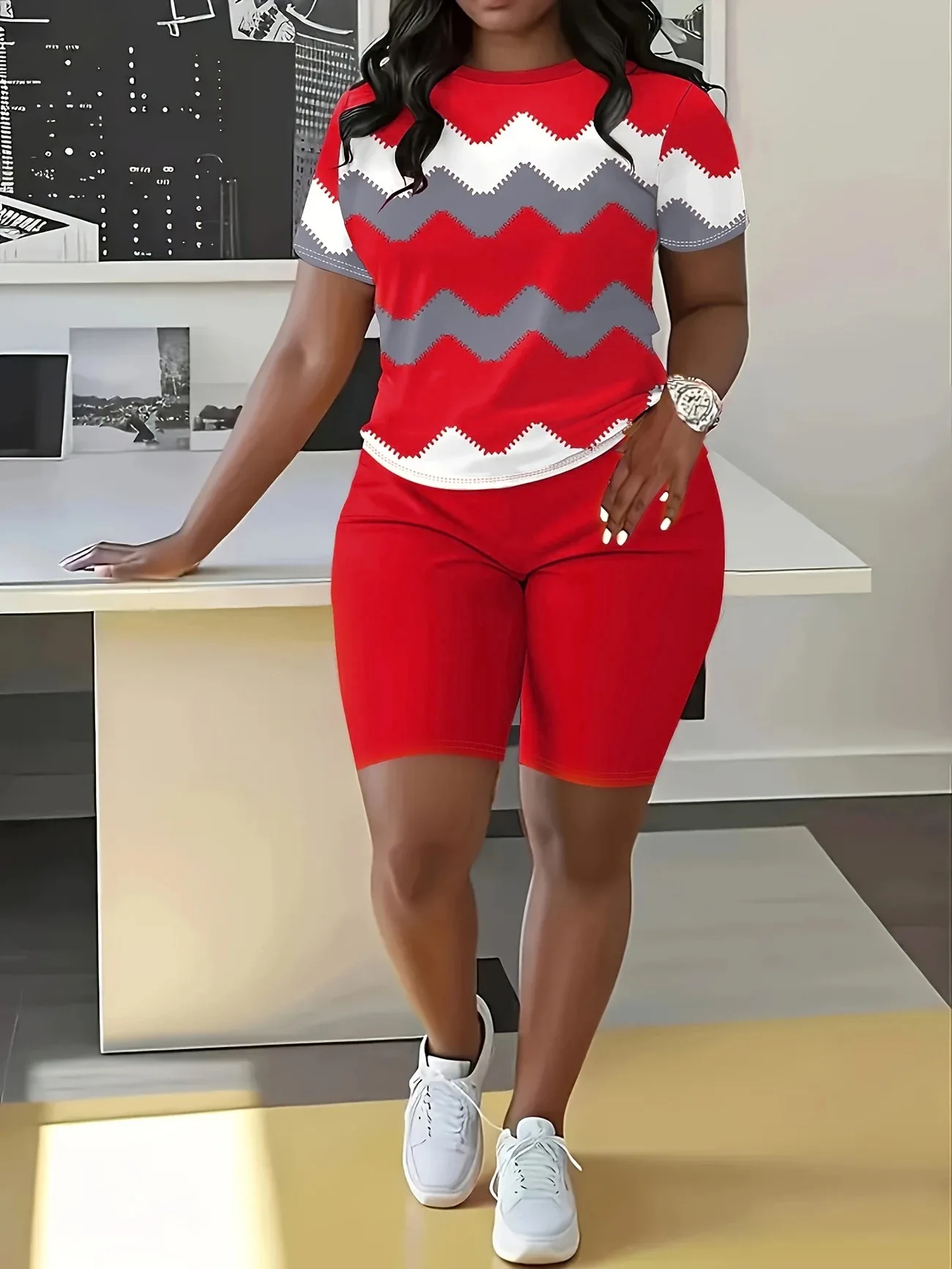 STYLISH LADY Chevron Print Two Piece Set Women Short Sleeve T Shirt And Biker Shorts 2026 Summer Casual Loungewear Outfits
STYLISH LADY Chevron Print Two Piece Set Women Short Sleeve T Shirt And Biker Shorts 2026 Summer Casual Loungewear Outfits