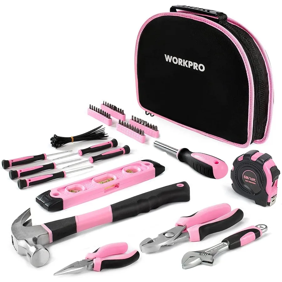 103-Piece Pink Tool Kit - Ladies Hand Tool Set with Easy Carrying Round Pouch - Durable, Long Lasting Chrome Finish Tools - Per
103-Piece Pink Tool Kit - Ladies Hand Tool Set with Easy Carrying Round Pouch - Durable, Long Lasting Chrome Finish Tools - Per