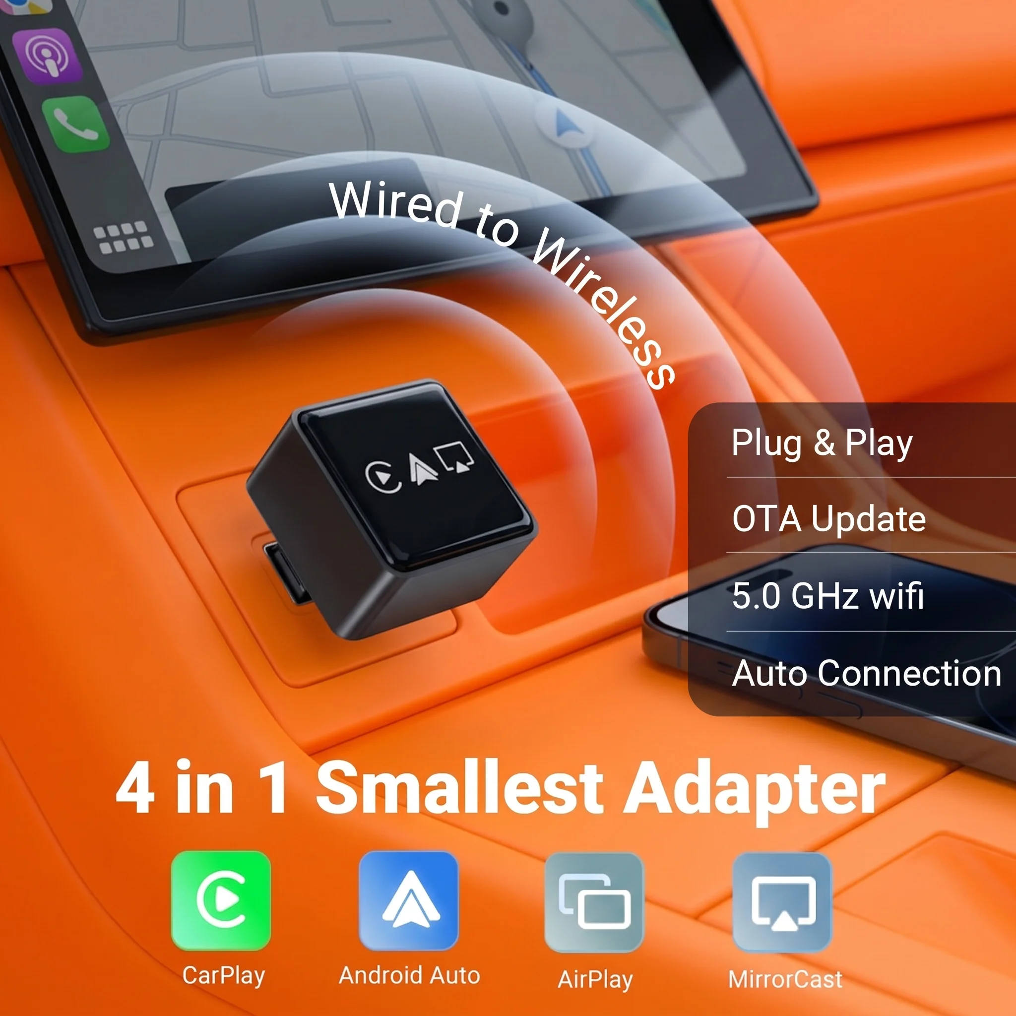Portable 4-In-1 CarPlay Android Auto Adapter, Universal Mini Wireless Dongle Support AirPlay MirrorCast Screen Mirroring, Stable
Portable 4-In-1 CarPlay Android Auto Adapter, Universal Mini Wireless Dongle Support AirPlay MirrorCast Screen Mirroring, Stable