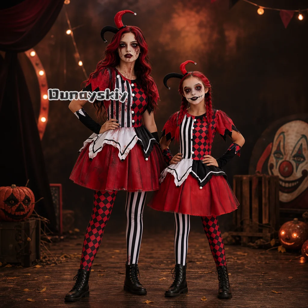 Halloween Girls Harlequin Clown Costume Adult Vampire Fancy Dress Cosplay Purim Funny Circus Party Family Matching Costume
Halloween Girls Harlequin Clown Costume Adult Vampire Fancy Dress Cosplay Purim Funny Circus Party Family Matching Costume