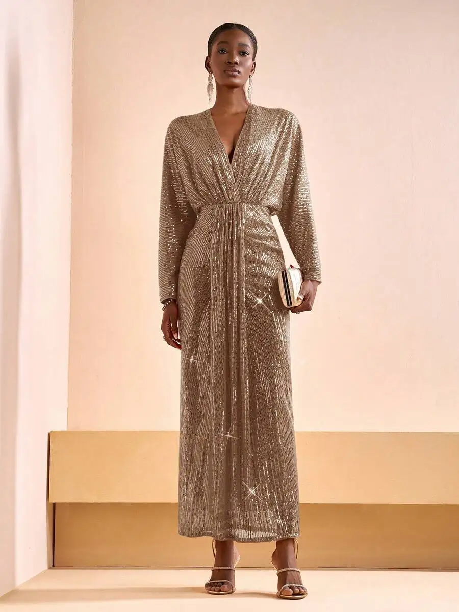 Elegant Gold Sequined Long Dress Deep V-Neck Formal Party Wedding Guest Dress
Elegant Gold Sequined Long Dress Deep V-Neck Formal Party Wedding Guest Dress