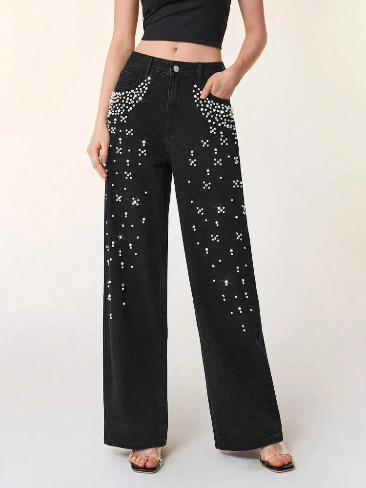 New in Women's Jeans Pants Beading High Waist Casual Straight Pants for Women Streetwear Elegant Splice Denim Female Trousers
New in Women's Jeans Pants Beading High Waist Casual Straight Pants for Women Streetwear Elegant Splice Denim Female Trousers
