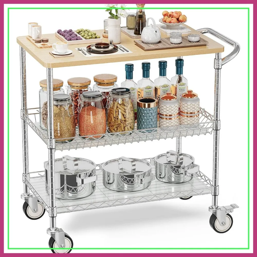 Rolling Kitchen Cart with Wheels, 34" L x 17.5" W, 3-Tier Heavy Duty Utility Cart with Wood Tabletop, Chrome
Rolling Kitchen Cart with Wheels, 34" L x 17.5" W, 3-Tier Heavy Duty Utility Cart with Wood Tabletop, Chrome