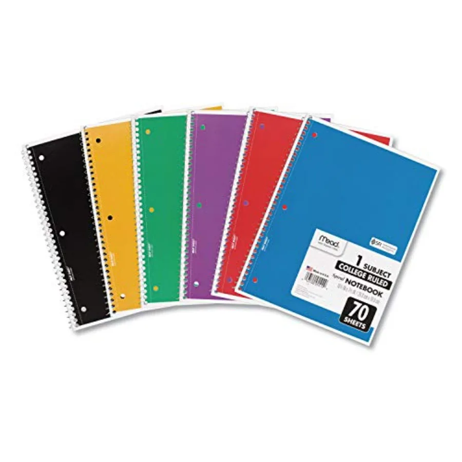 Spiral Notebook, 1 Subject, College Ruled Paper, 7-1/2" x 10-1/2", 70 Sheets per Notebook, Colors Will Vary, 6 Pack 73065
Spiral Notebook, 1 Subject, College Ruled Paper, 7-1/2" x 10-1/2", 70 Sheets per Notebook, Colors Will Vary, 6 Pack 73065