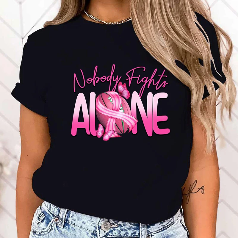 (High Quality Clothes)Funny Breast Cancer Awareness Nobody Fights Alone Print T-Shirt Women Loose Short Sleeve Round Neck Top
(High Quality Clothes)Funny Breast Cancer Awareness Nobody Fights Alone Print T-Shirt Women Loose Short Sleeve Round Neck Top