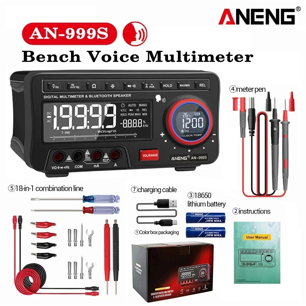 ANENG AN-999S Настольный голосовой мультиметр, цифровой 19999 отсчетов, профессиональный Bluetooth-тестер True RMS, вольтметр переменного/постоянного тока, инструменты для тока
ANENG AN-999S Настольный голосовой мультиметр, цифровой 19999 отсчетов, профессиональный Bluetooth-тестер True RMS, вольтметр переменного/постоянного тока, инструменты для тока