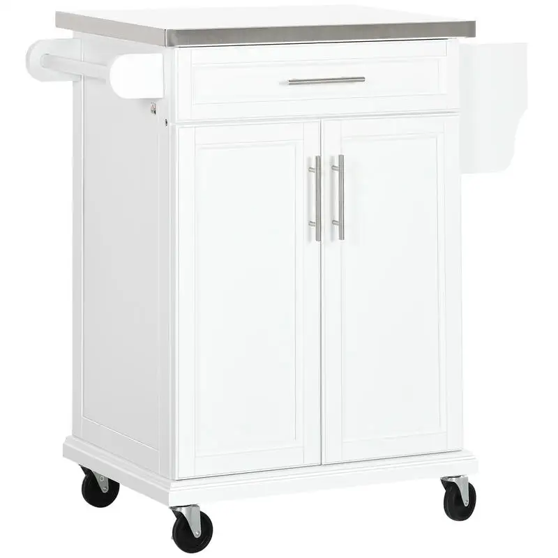 Wooden Kitchen Island on Wheels, Serving Cart Storage Trolley with Stainless Steel Top, Drawer, Side Handle and Rack, White
Wooden Kitchen Island on Wheels, Serving Cart Storage Trolley with Stainless Steel Top, Drawer, Side Handle and Rack, White