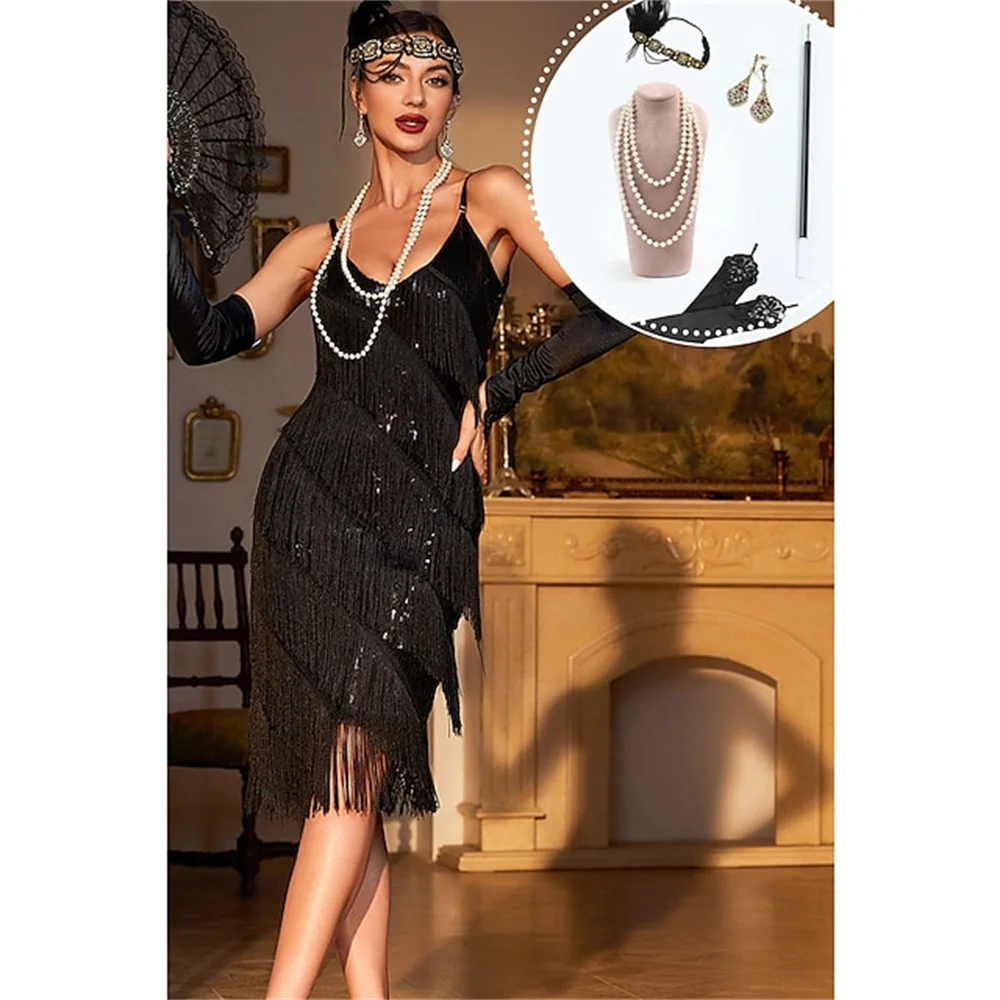 

Retro Roaring 20s 1920s Flapper Dress Outfits Flapper Headband The Great Gatsby Women's Sequins Tassel Fringe Evening Dress