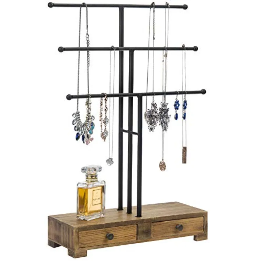 3-Tier Black Metal T-Bar Jewelry Organizer Stand Necklace and Bracelet Hanging Display with Brown Wood Ring Tray Brown
3-Tier Black Metal T-Bar Jewelry Organizer Stand Necklace and Bracelet Hanging Display with Brown Wood Ring Tray Brown
