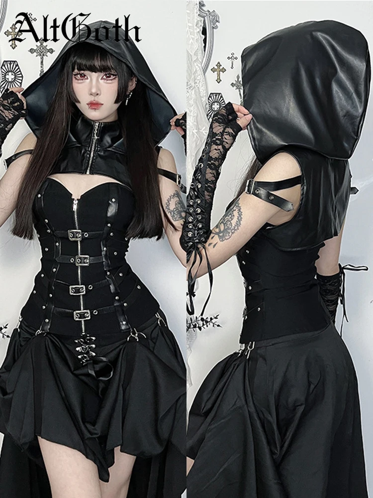 AltGoth Уличная одежда в стиле панк из искусственной кожи, укороченный халат в стиле Харадзюку, винтажный темный готический кибер Y2k, укороченные футболки без рукавов на молнии с капюшоном, женские топы
AltGoth Уличная одежда в стиле панк из искусственной кожи, укороченный халат в стиле Харадзюку, винтажный темный готический кибер Y2k, укороченные футболки без рукавов на молнии с капюшоном, женские топы