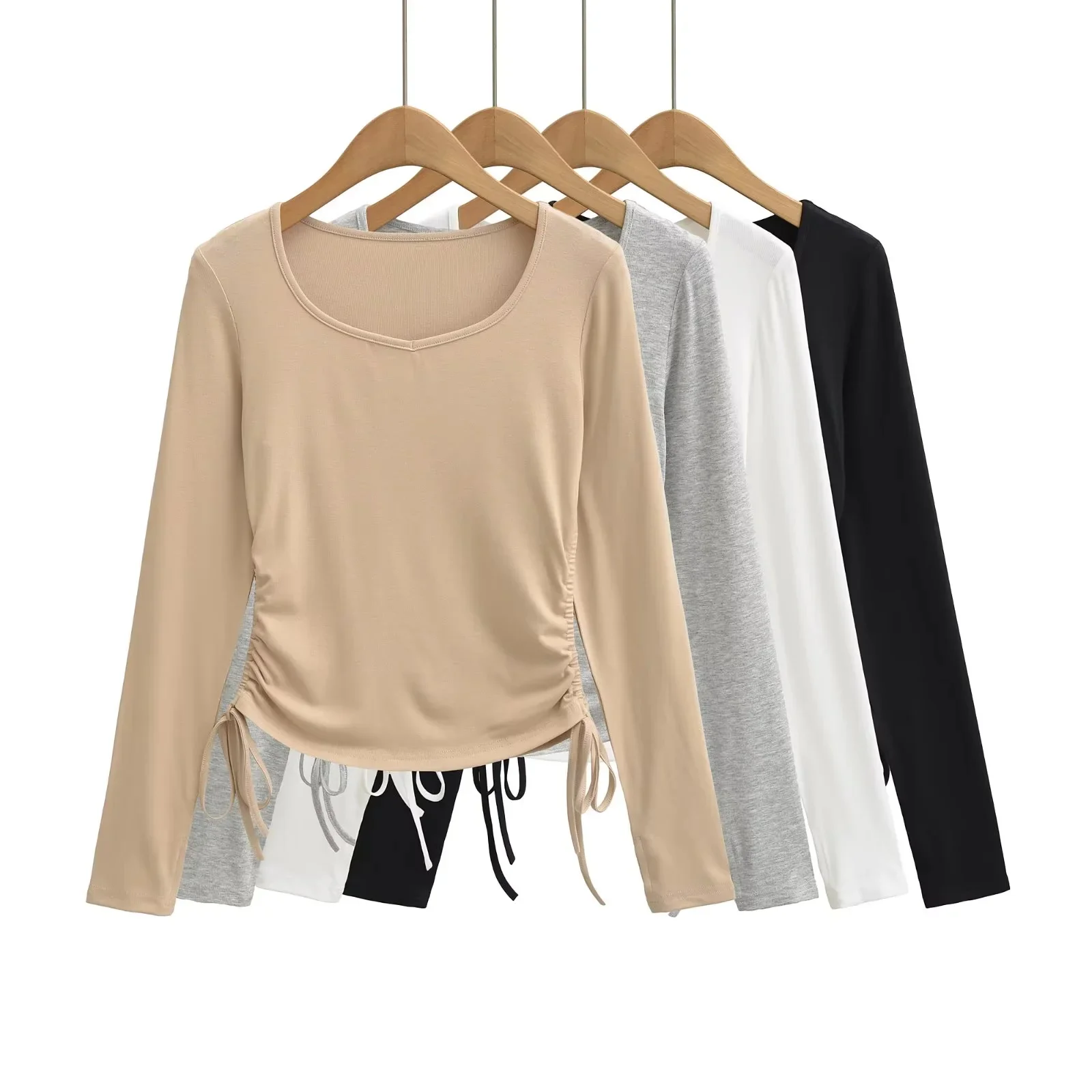 Spring New Heart Collar Long Sleeve Pure Color Elastic Slim Fit Base T-Shirt Drawstring Side High Waist Slimming Top for Women
Spring New Heart Collar Long Sleeve Pure Color Elastic Slim Fit Base T-Shirt Drawstring Side High Waist Slimming Top for Women