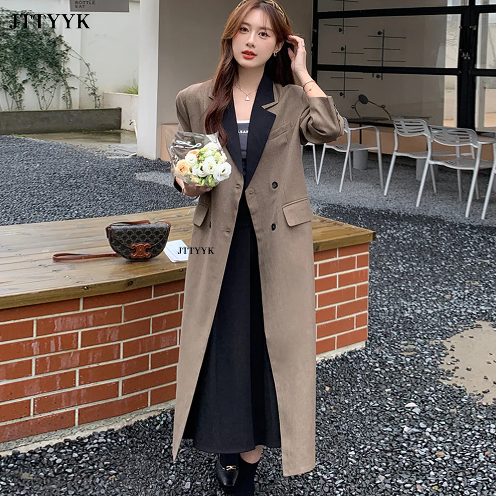 Fashion Women's Trench Coat Contrast Color Notched Collar Double Breasted Long Sleeve Windbreaker Autumn Long Overcoat 2023 New
Fashion Women's Trench Coat Contrast Color Notched Collar Double Breasted Long Sleeve Windbreaker Autumn Long Overcoat 2023 New