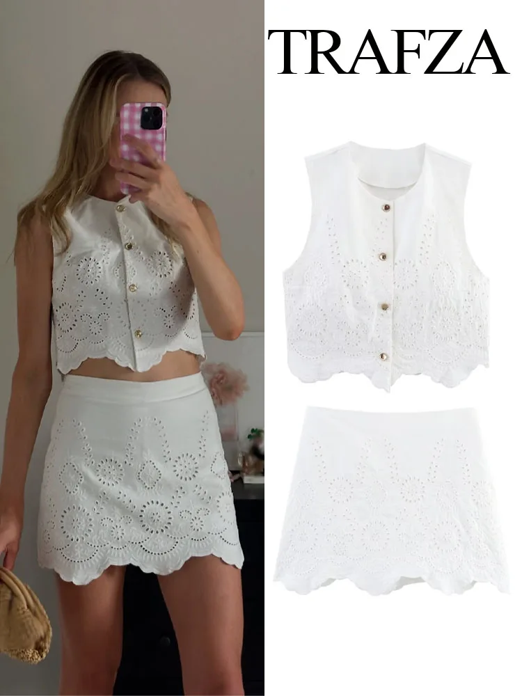 TRAFZA Women Summer Shorts Set Fashion Solid Hollow Embroidery Single Breasted Vest Sleeveless Top+Chic Short Skirt Pants Mujer
TRAFZA Women Summer Shorts Set Fashion Solid Hollow Embroidery Single Breasted Vest Sleeveless Top+Chic Short Skirt Pants Mujer