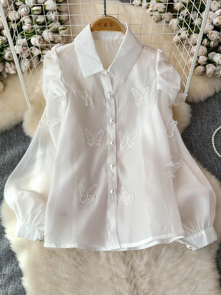 French Retro Tuexdo Shirts for Women 2025 Spring Autumn New White Apricot Butterfly Embroidery Bubble Sleeve Blouse Top C58 
French Retro Tuexdo Shirts for Women 2025 Spring Autumn New White Apricot Butterfly Embroidery Bubble Sleeve Blouse Top C58