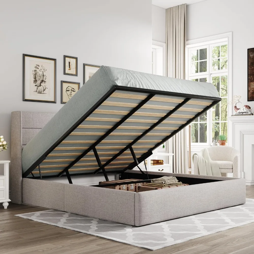 King Size Lift Up Storage Bed, Modern Wingback Headboard, No Box Spring Needed, Hydraulic Storage, Light Beige
King Size Lift Up Storage Bed, Modern Wingback Headboard, No Box Spring Needed, Hydraulic Storage, Light Beige