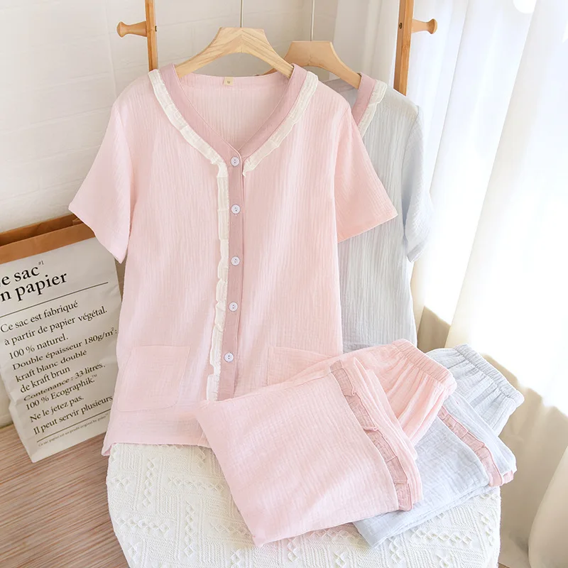 2026 Summer New Women's Pajama Set 100% Cotton Gauze Floral Short Sleeve+Pants Two Piece Thin Sweet Home Clothes Sleepwear
2026 Summer New Women's Pajama Set 100% Cotton Gauze Floral Short Sleeve+Pants Two Piece Thin Sweet Home Clothes Sleepwear