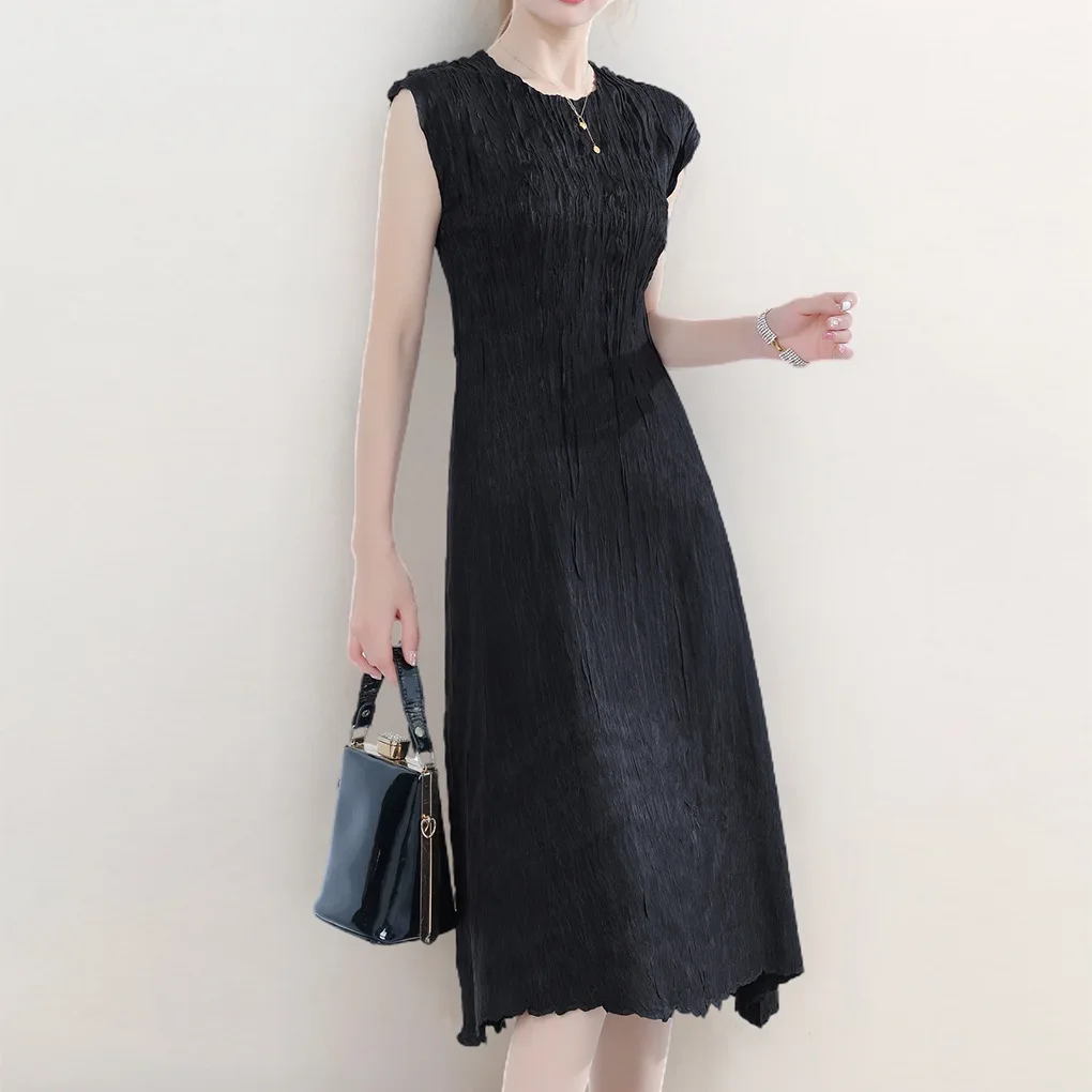 Elegant Folded Dress Mid-Length Sleeveless Women's High Waist A-Line Summer Dress Slimming Gown Polyester Fabric round Neck
Elegant Folded Dress Mid-Length Sleeveless Women's High Waist A-Line Summer Dress Slimming Gown Polyester Fabric round Neck