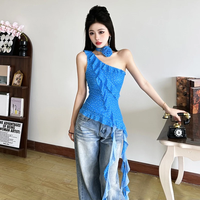 Fresh Color Spicy Y2K Style Bright Blue Polka Dot Camisole Sweet Ruffle Edge Splicing One Shoulder Vest Sexy Women's Mesh Top
Fresh Color Spicy Y2K Style Bright Blue Polka Dot Camisole Sweet Ruffle Edge Splicing One Shoulder Vest Sexy Women's Mesh Top