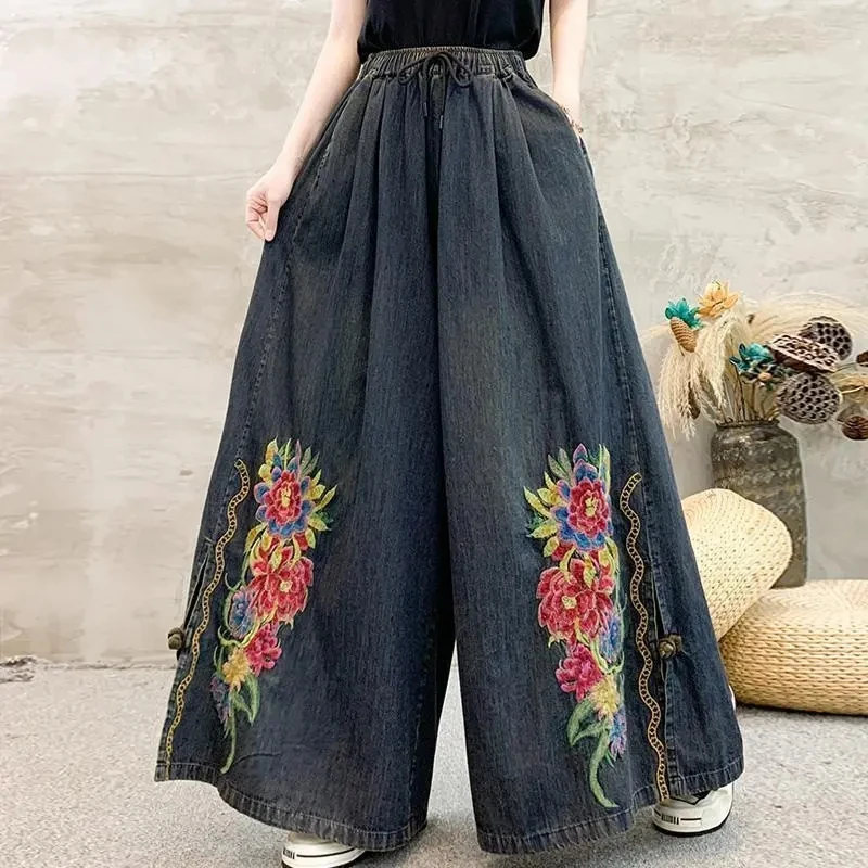 2026 Summer New Retro Ethnic Embroidery Pants Women's Thin Denim Wide Leg Britches Loose Chinese Style Loose Big Size Trousers
2026 Summer New Retro Ethnic Embroidery Pants Women's Thin Denim Wide Leg Britches Loose Chinese Style Loose Big Size Trousers