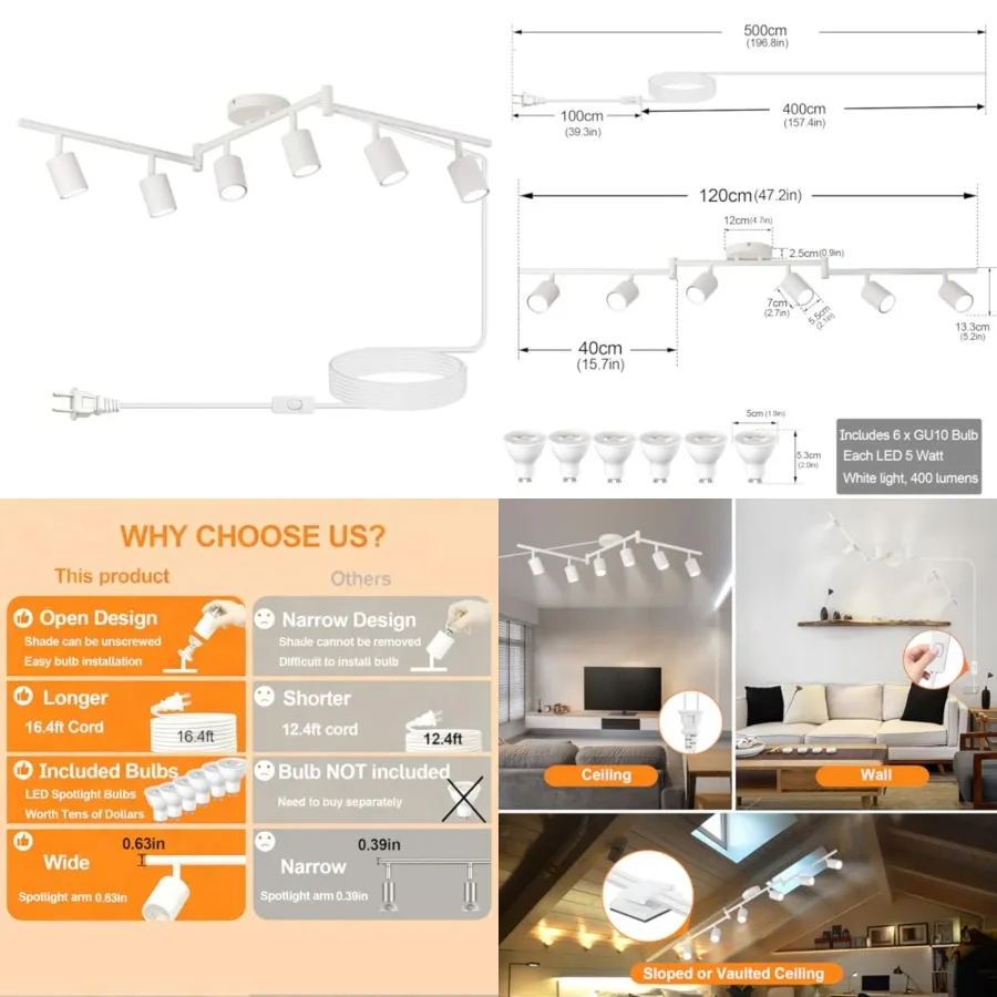 Plug in Track Lighting Kit, 120cm LED 6 Light Kitchen Track Lighting, Corded Wall Light with 16.4ft Cord, Way Ceiling Spot Ligh
Plug in Track Lighting Kit, 120cm LED 6 Light Kitchen Track Lighting, Corded Wall Light with 16.4ft Cord, Way Ceiling Spot Ligh