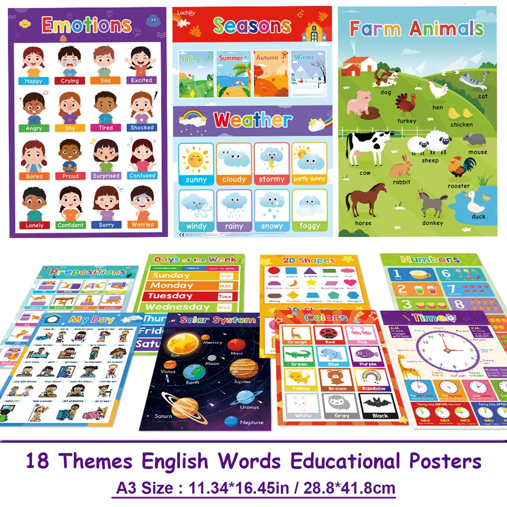 A3 Size 18 Themes English Words Learning Poster for Kids Baby Alphabet Color Animal Fruit Educational Chart Classroom Decoration
A3 Size 18 Themes English Words Learning Poster for Kids Baby Alphabet Color Animal Fruit Educational Chart Classroom Decoration