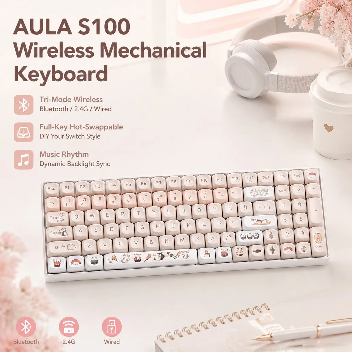 AULA S100 Mechanical Keyboard Custom 100% Layout Backlight Wireless Bluetooth Switch Gaming Keyboard
AULA S100 Mechanical Keyboard Custom 100% Layout Backlight Wireless Bluetooth Switch Gaming Keyboard